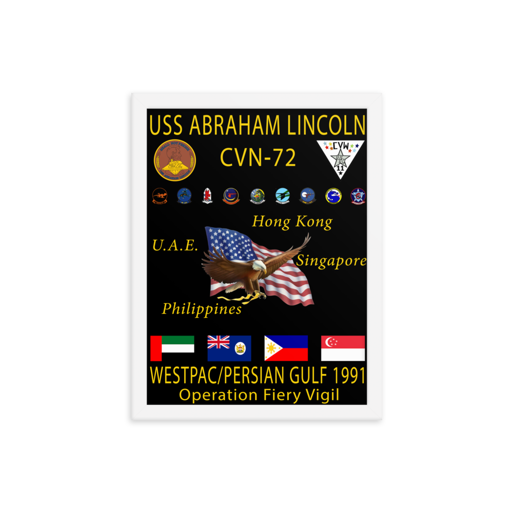 USS Abraham Lincoln (CVN-72) 1991 Framed Cruise Poster – white, 12x16