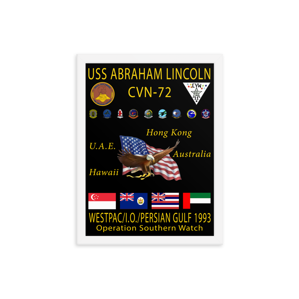 USS Abraham Lincoln (CVN-72) 1993 Framed Cruise Poster – white, 12x16