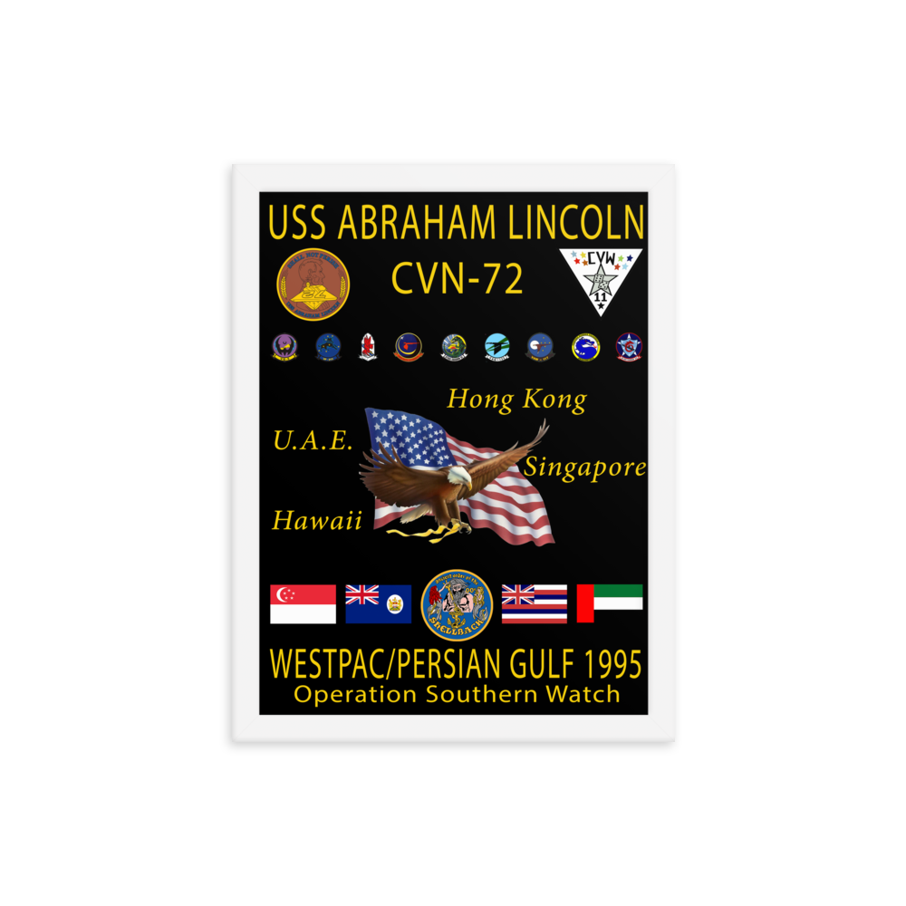 USS Abraham Lincoln (CVN-72) 1995 Framed Cruise Poster – white, 12x16
