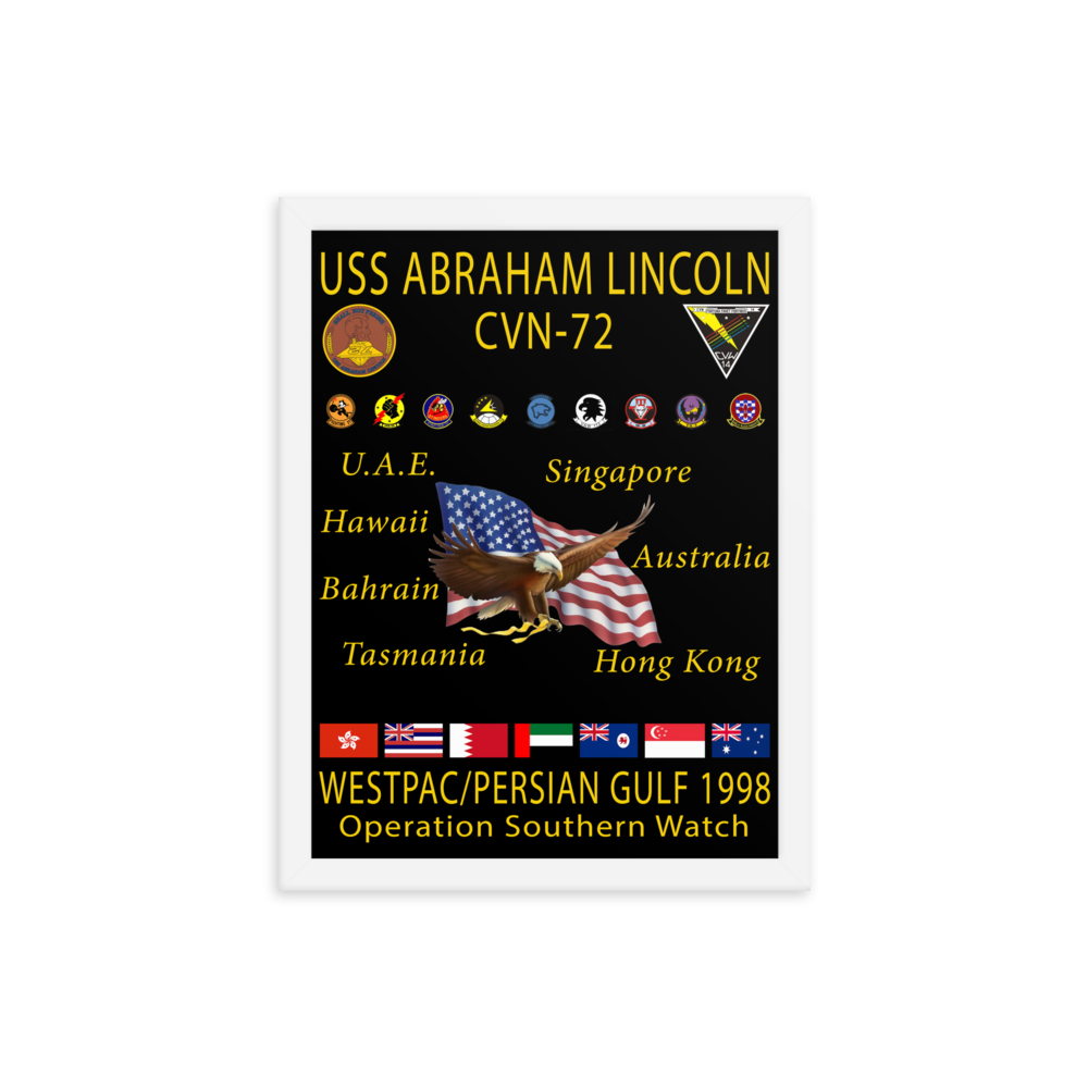 USS Abraham Lincoln (CVN-72) 1998 Framed Cruise Poster – white, 12x16