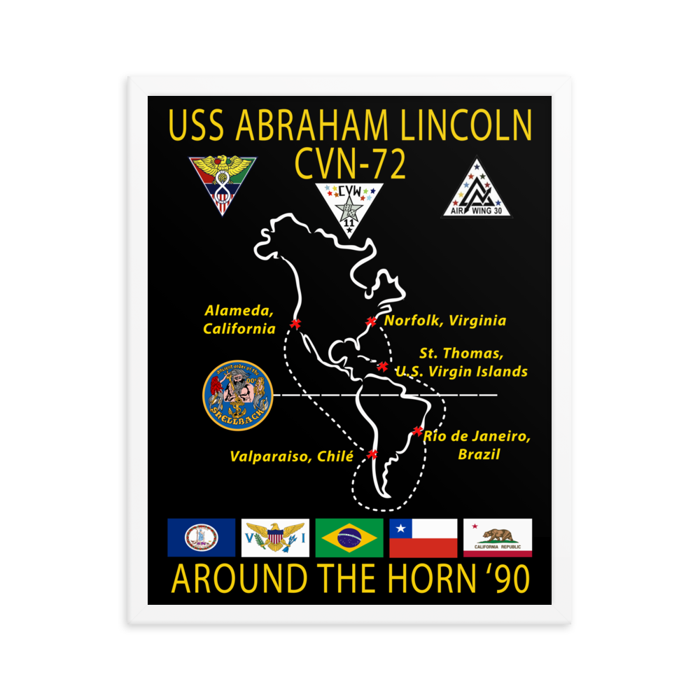 USS Abraham Lincoln (CVN-72) 1990 Around the Horn Framed Cruise Poster – white, 16x20