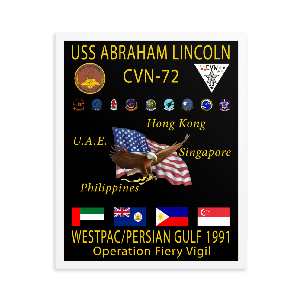 USS Abraham Lincoln (CVN-72) 1991 Framed Cruise Poster – white, 16x20