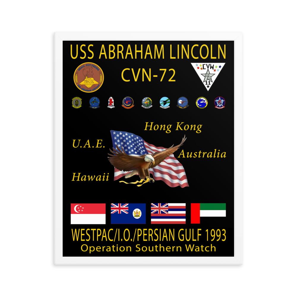 USS Abraham Lincoln (CVN-72) 1993 Framed Cruise Poster – white, 16x20