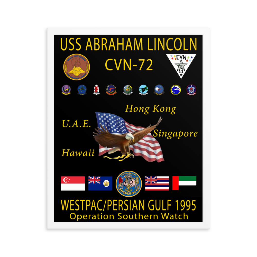 USS Abraham Lincoln (CVN-72) 1995 Framed Cruise Poster – white, 16x20