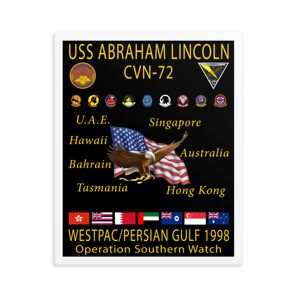 USS Abraham Lincoln (CVN-72) 1998 Framed Cruise Poster – white, 16x20