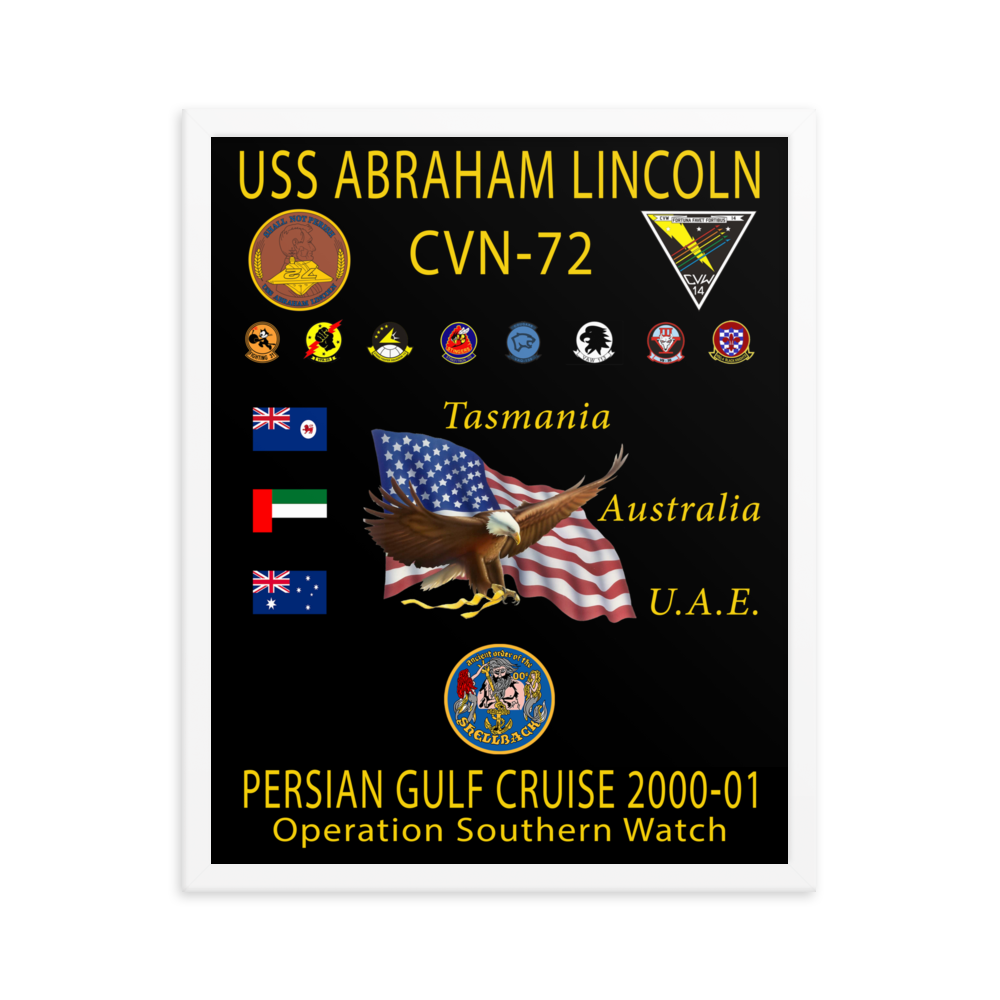 USS Abraham Lincoln (CVN-72) 2000-01 Framed Cruise Poster – white, 16x20