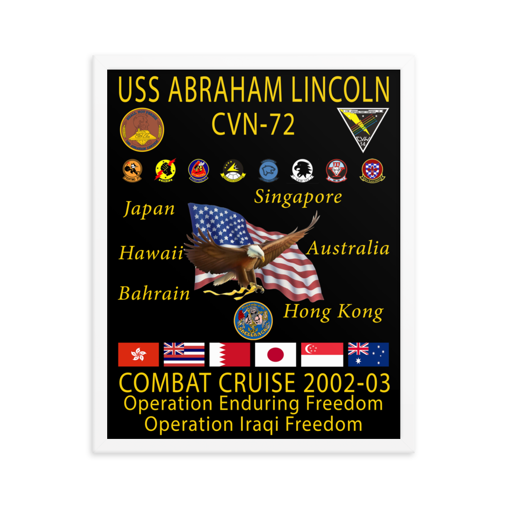 USS Abraham Lincoln (CVN-72) 2002-03 Framed Cruise Poster – white, 16x20
