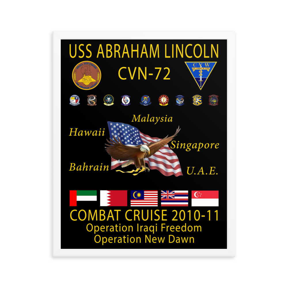 USS Abraham Lincoln (CVN-72) 2010-11 Framed Cruise Poster – white, 16x20