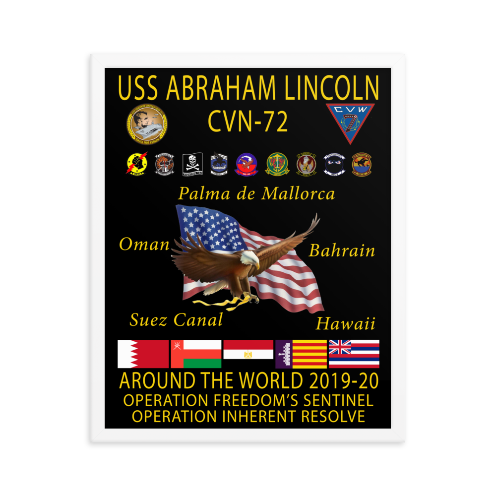 USS Abraham Lincoln (CVN-72) 2019-20 Framed Cruise Poster – white, 16x20