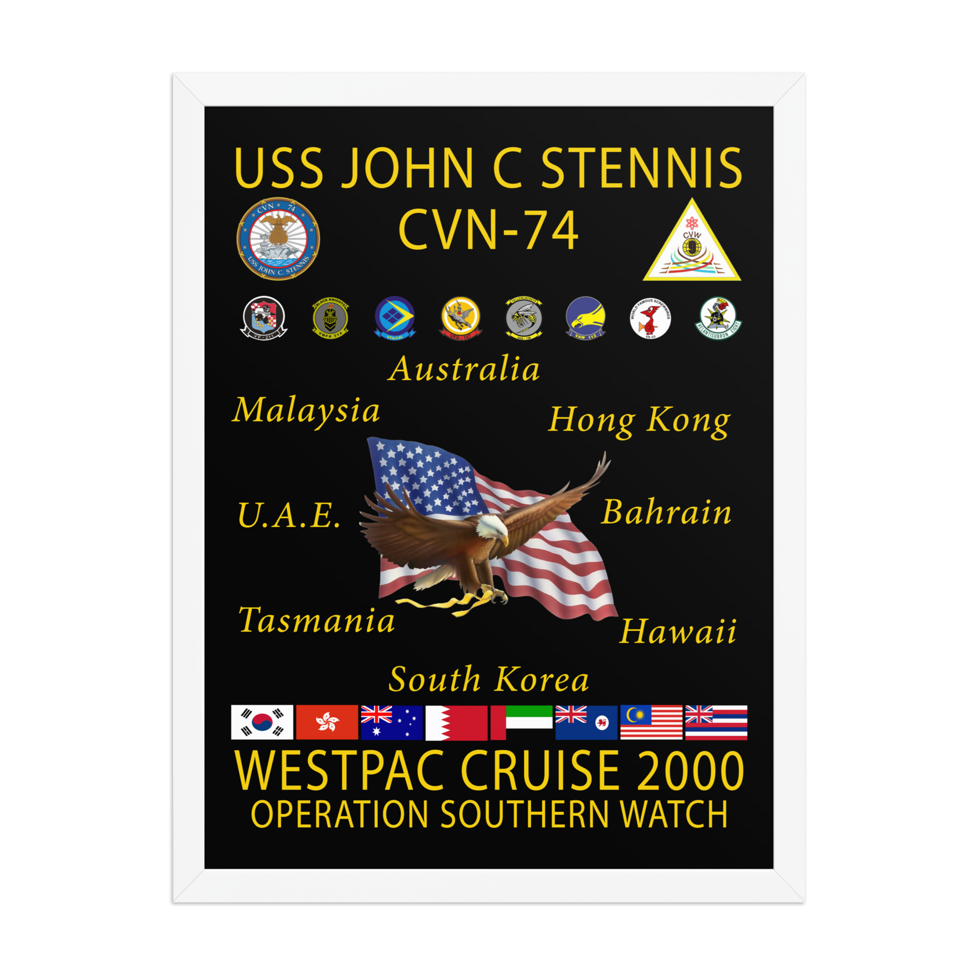 USS John C. Stennis CVN-74 WESTPAC Cruise 2000 Framed Poster – Operation Southern Watch – front view, white, 18x24