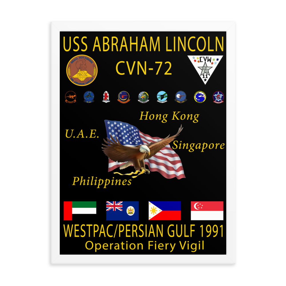 USS Abraham Lincoln (CVN-72) 1991 Framed Cruise Poster – white, 18x24