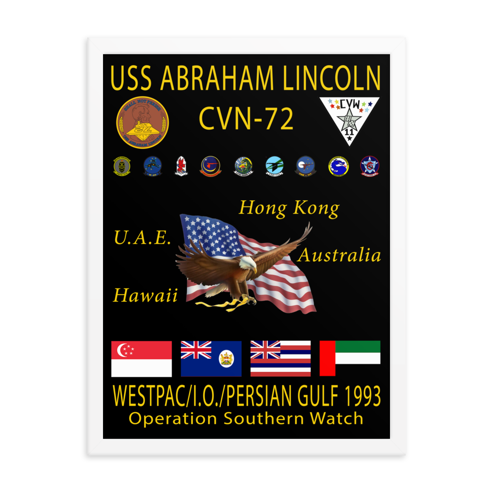 USS Abraham Lincoln (CVN-72) 1993 Framed Cruise Poster – white, 18x24