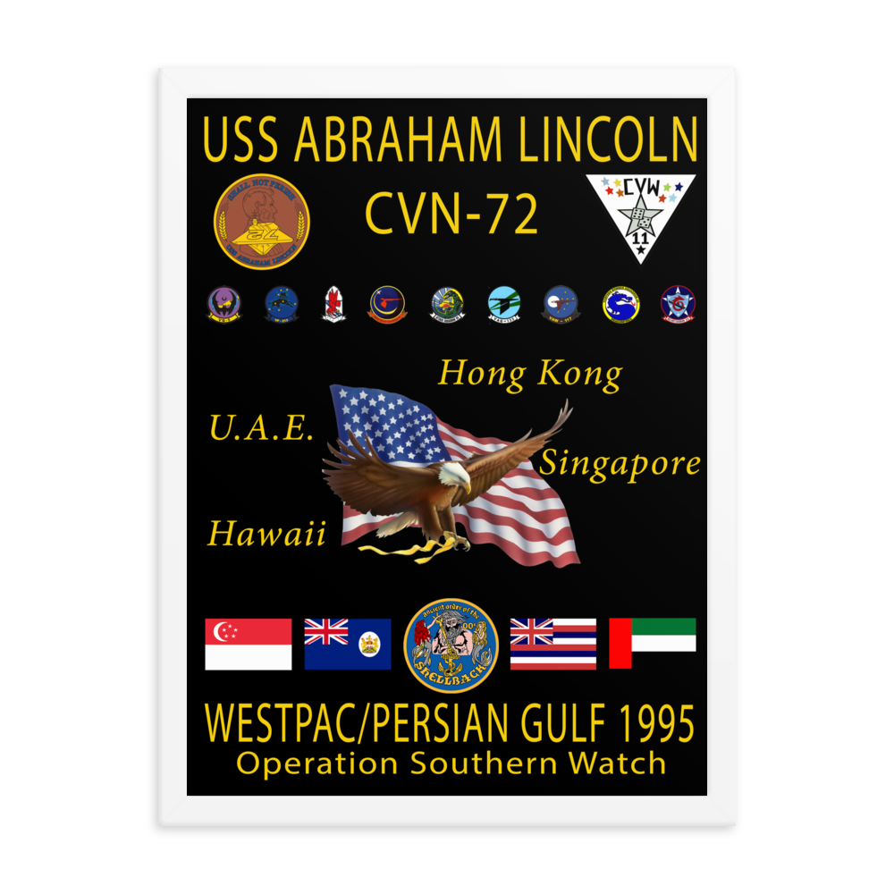 USS Abraham Lincoln (CVN-72) 1995 Framed Cruise Poster – white, 18x24
