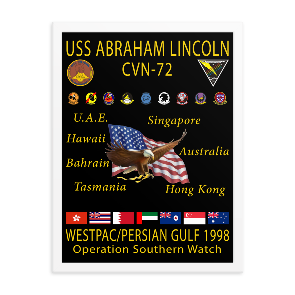 USS Abraham Lincoln (CVN-72) 1998 Framed Cruise Poster – white, 18x24