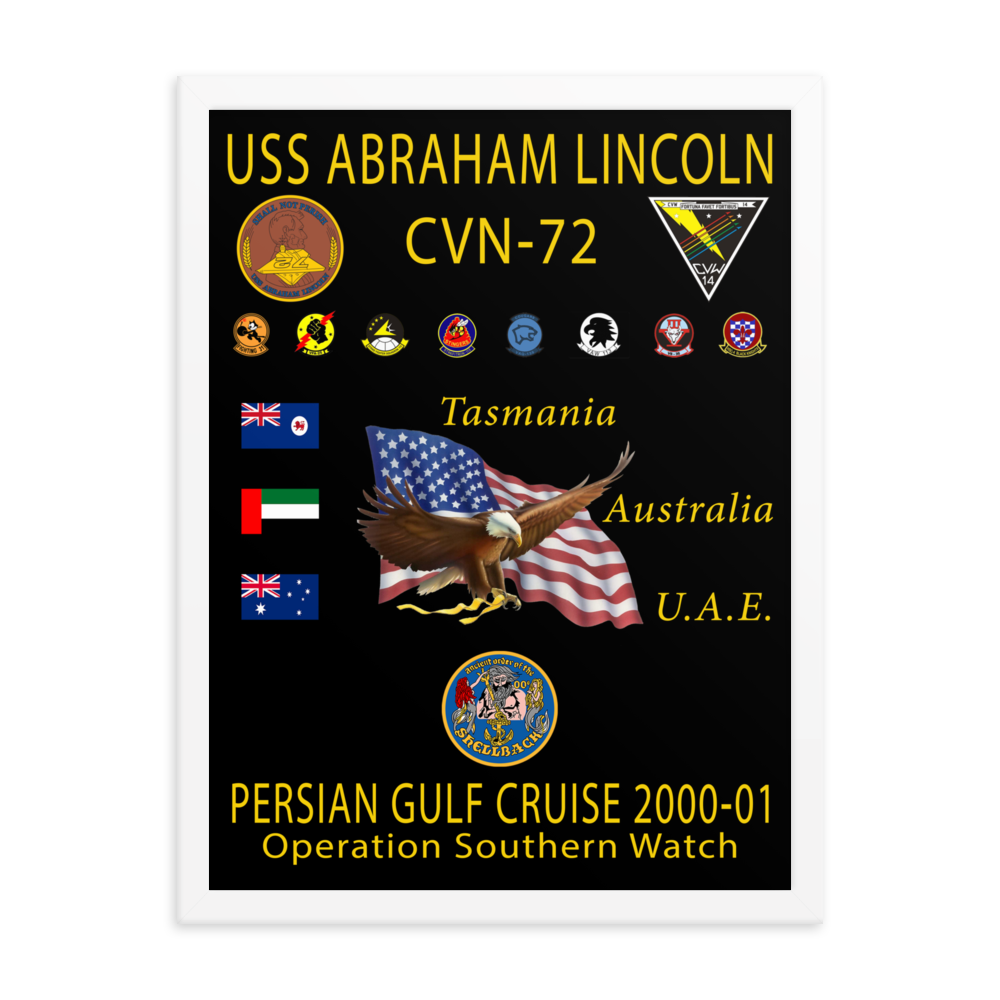 USS Abraham Lincoln (CVN-72) 2000-01 Framed Cruise Poster – white, 18x24