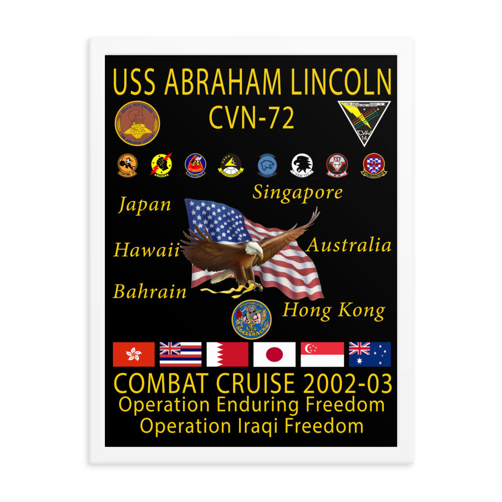 USS Abraham Lincoln (CVN-72) 2002-03 Framed Cruise Poster – white, 18x24