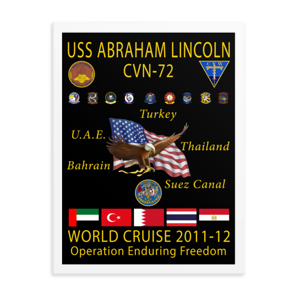 USS Abraham Lincoln (CVN-72) 2011-12 Framed Cruise Poster – white, 18x24