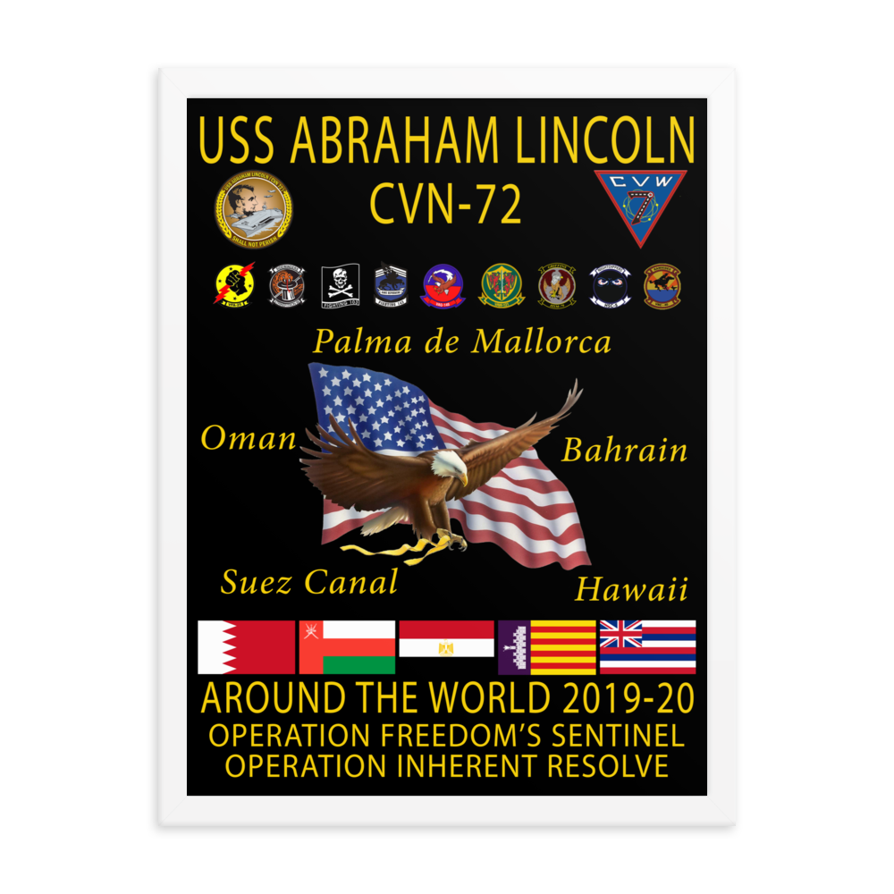 USS Abraham Lincoln (CVN-72) 2019-20 Framed Cruise Poster – white, 18x24