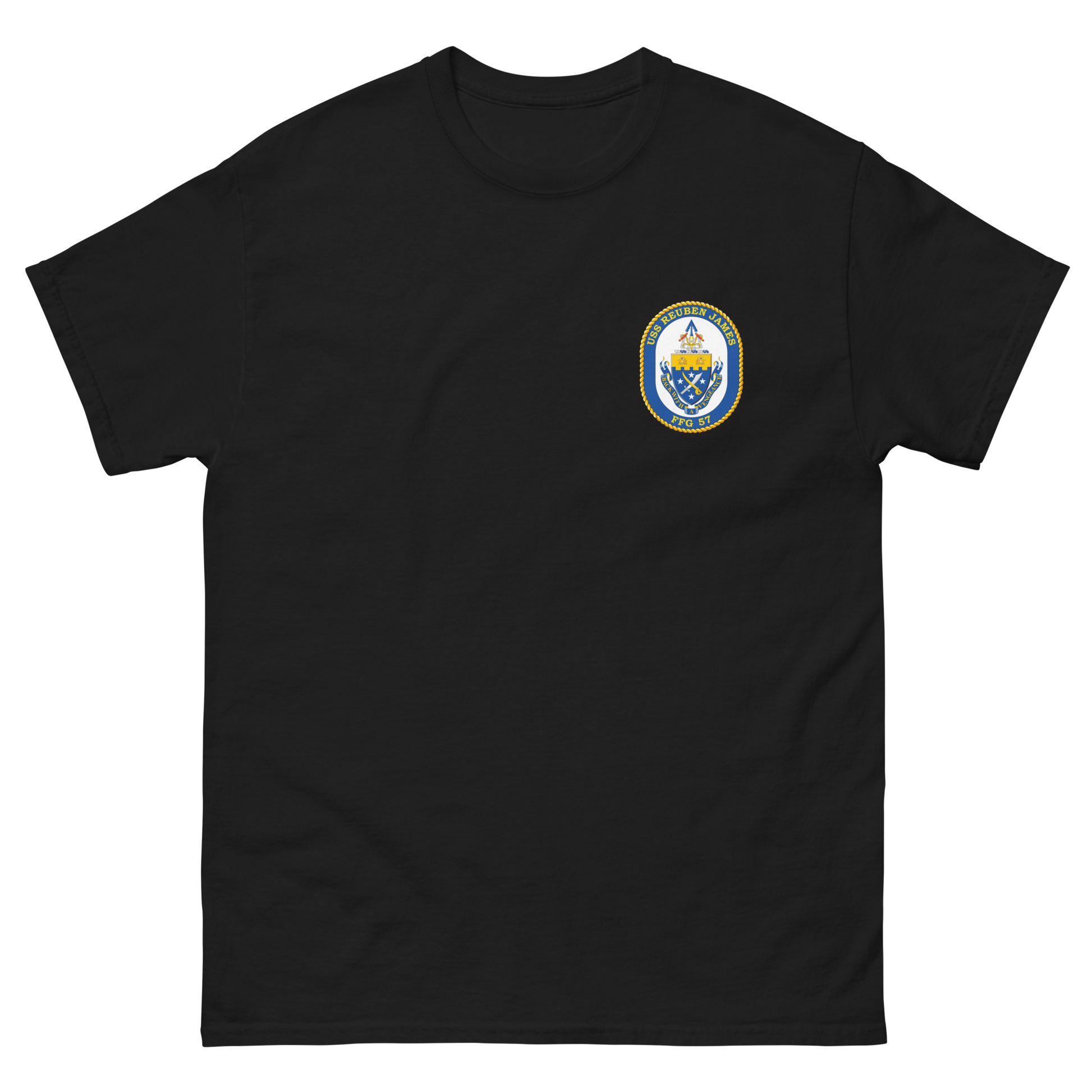 USS Reuben James (FFG-57) Ship's Crest Shirt – front view, black