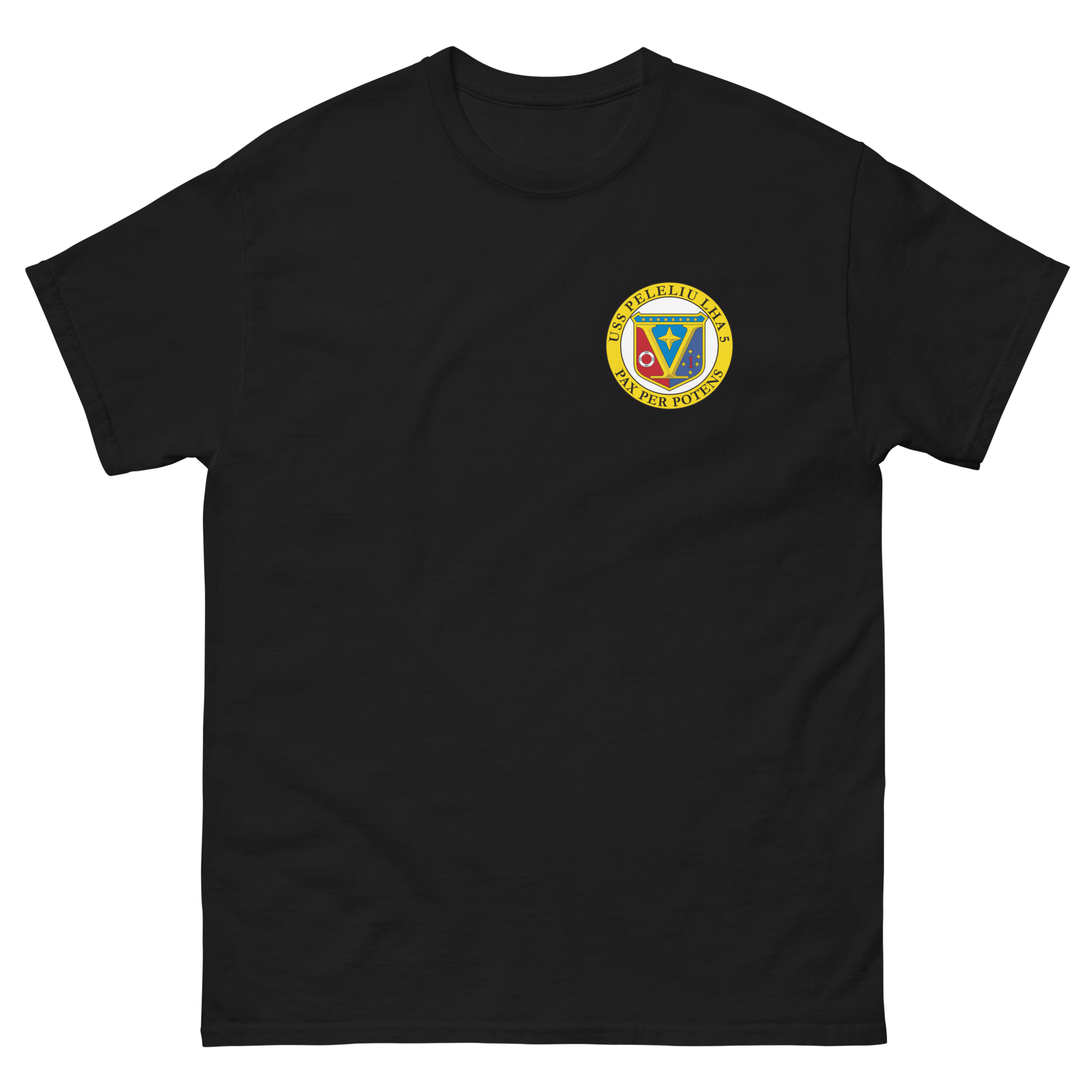 USS Peleliu (LHA-5) Ship's Crest T-Shirt – front view, black