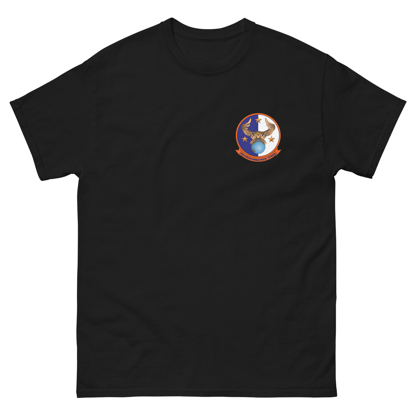 HSC-3 Merlins Squadron Crest T-Shirt – front view, black
