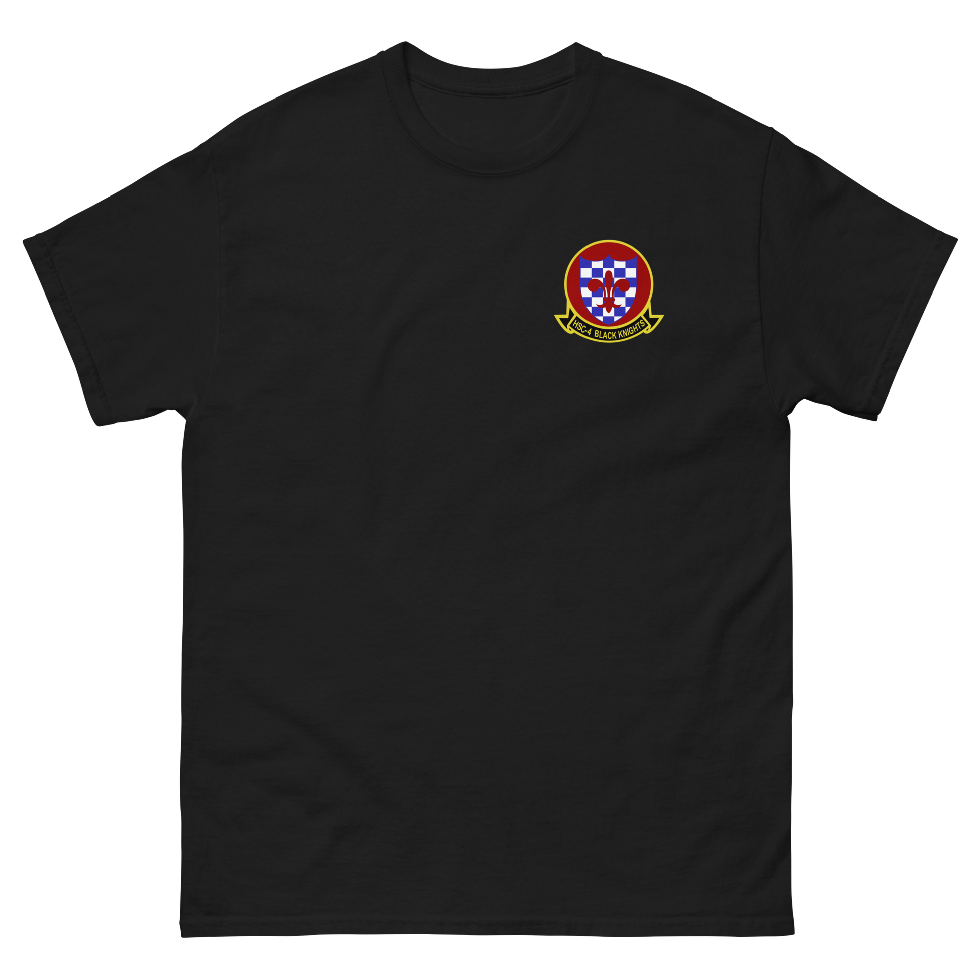HSC-4 Black Knights Squadron Crest Shirt – front view, black