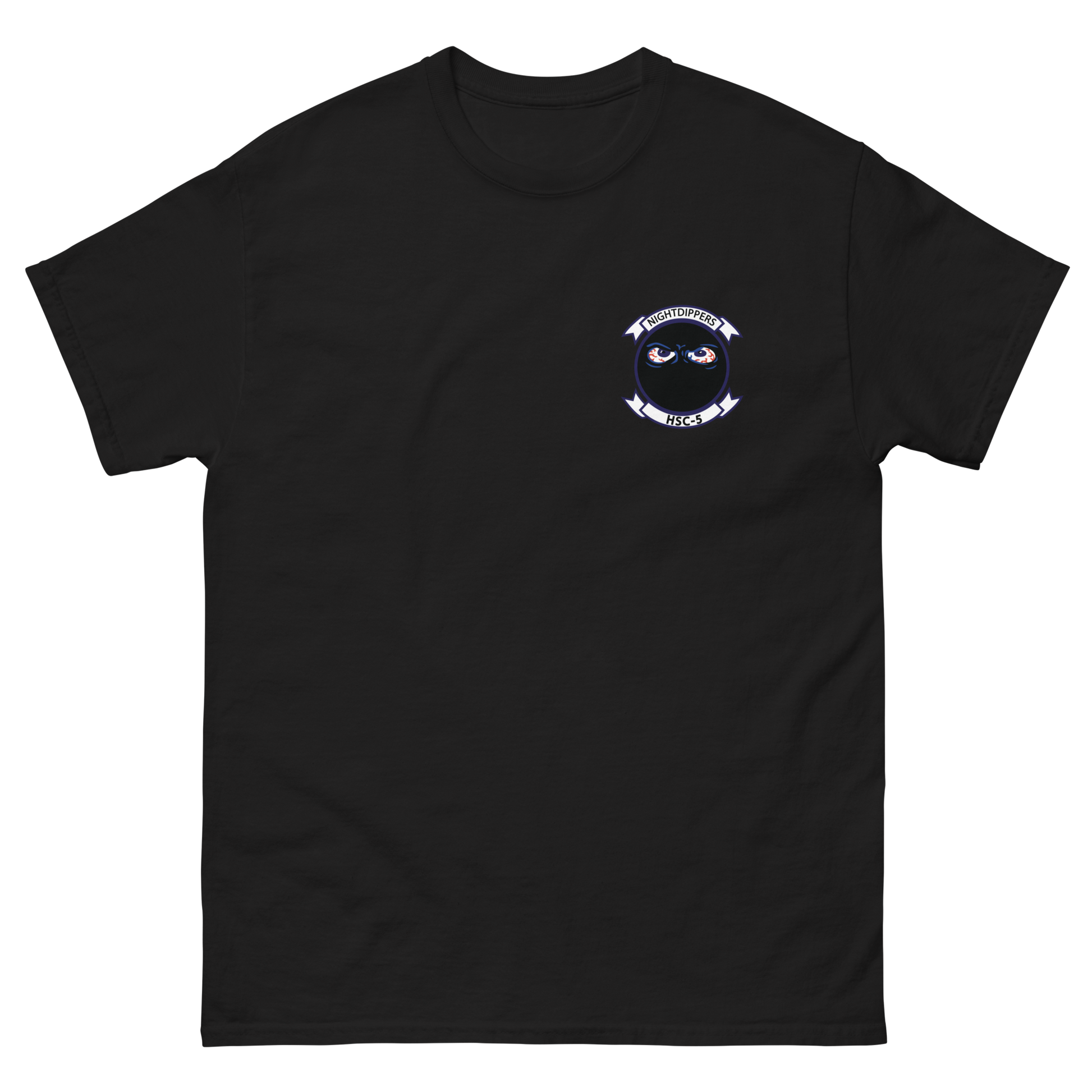 HSC-5 Nightdippers Squadron Crest Shirt – front view, black