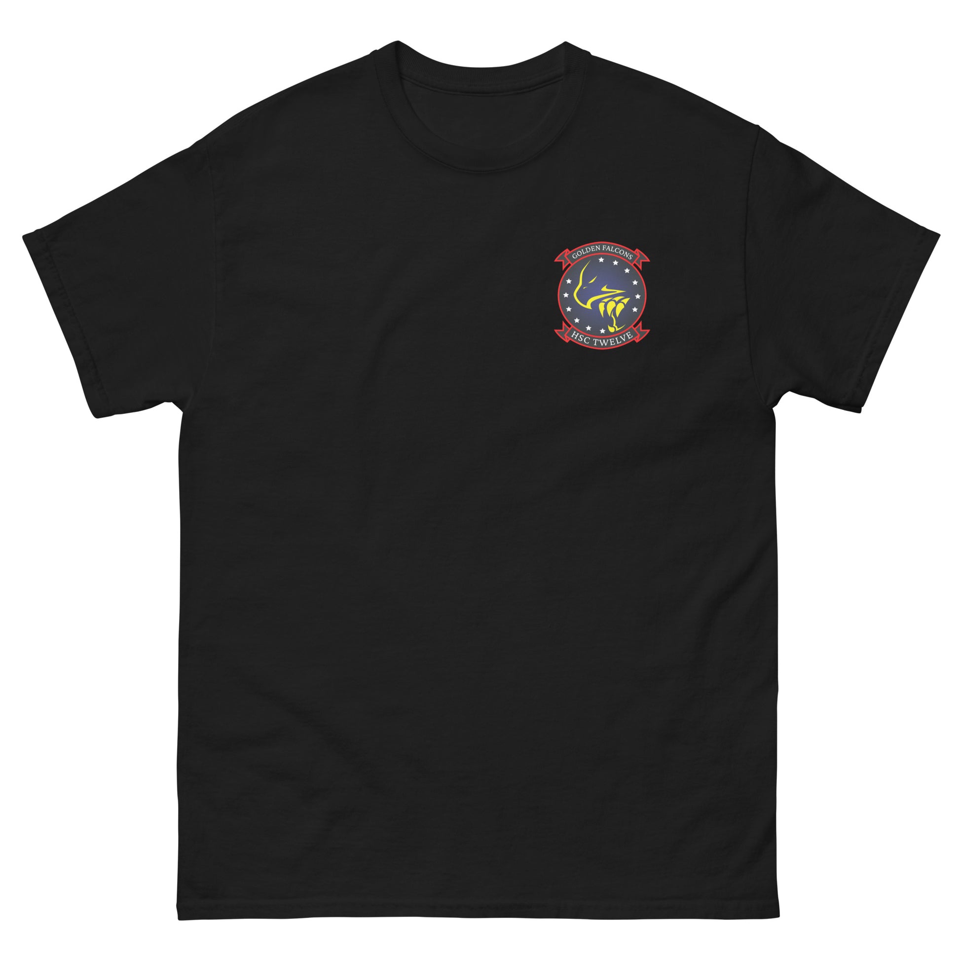 HSC-12 Golden Falcons Squadron Crest T-Shirt – front view, black
