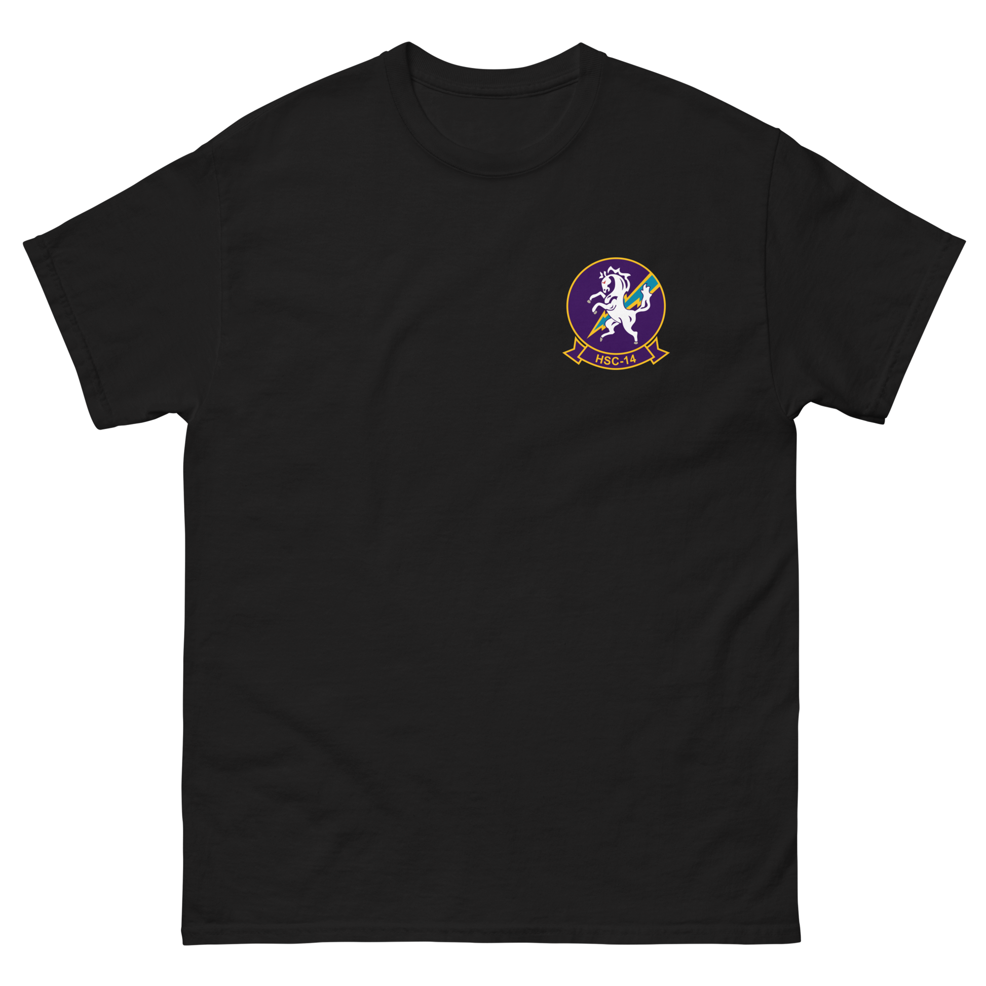 HSC-14 Chargers Squadron Crest T-Shirt – front view, black