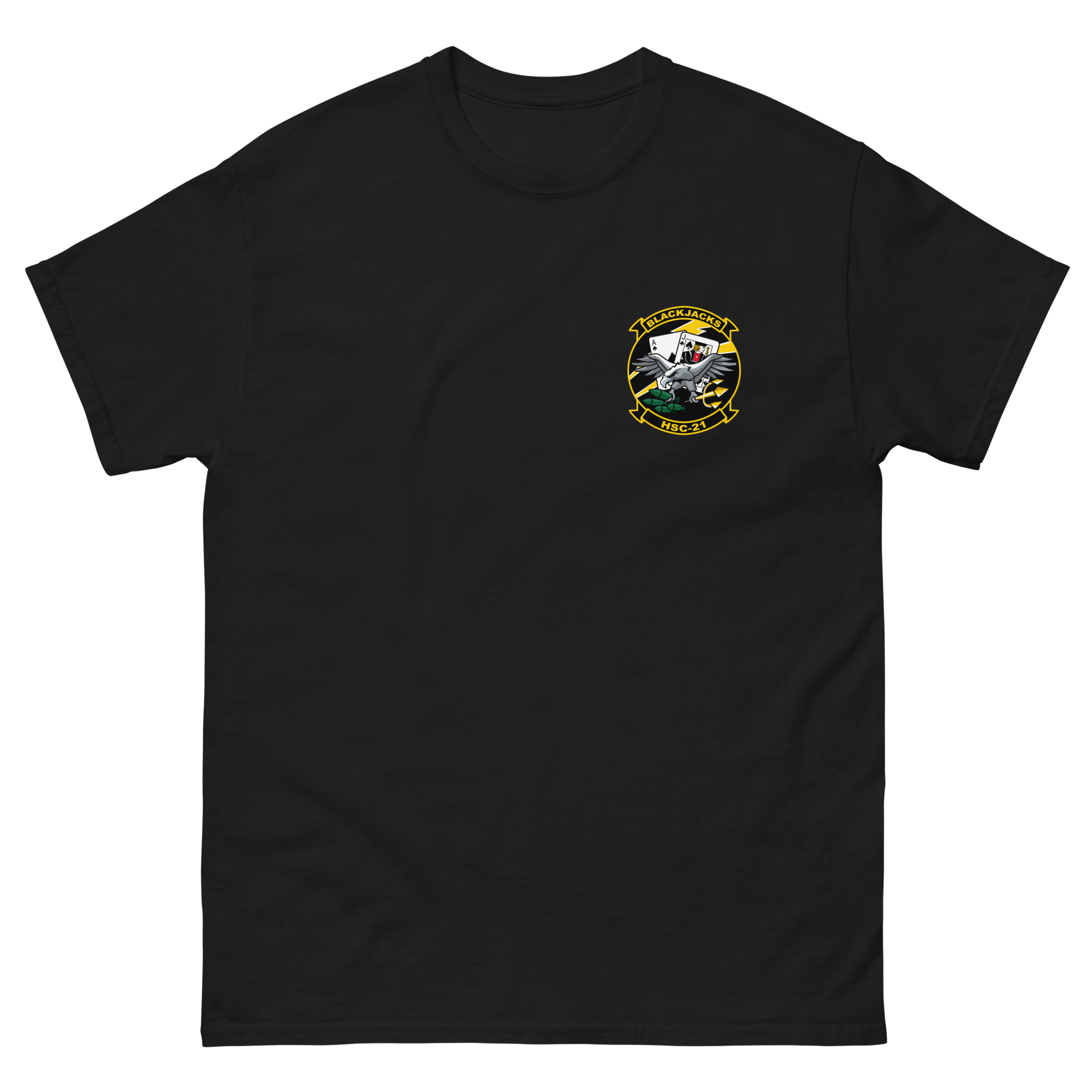 HSC-21 Blackjacks Squadron Crest T-Shirt – front view, black