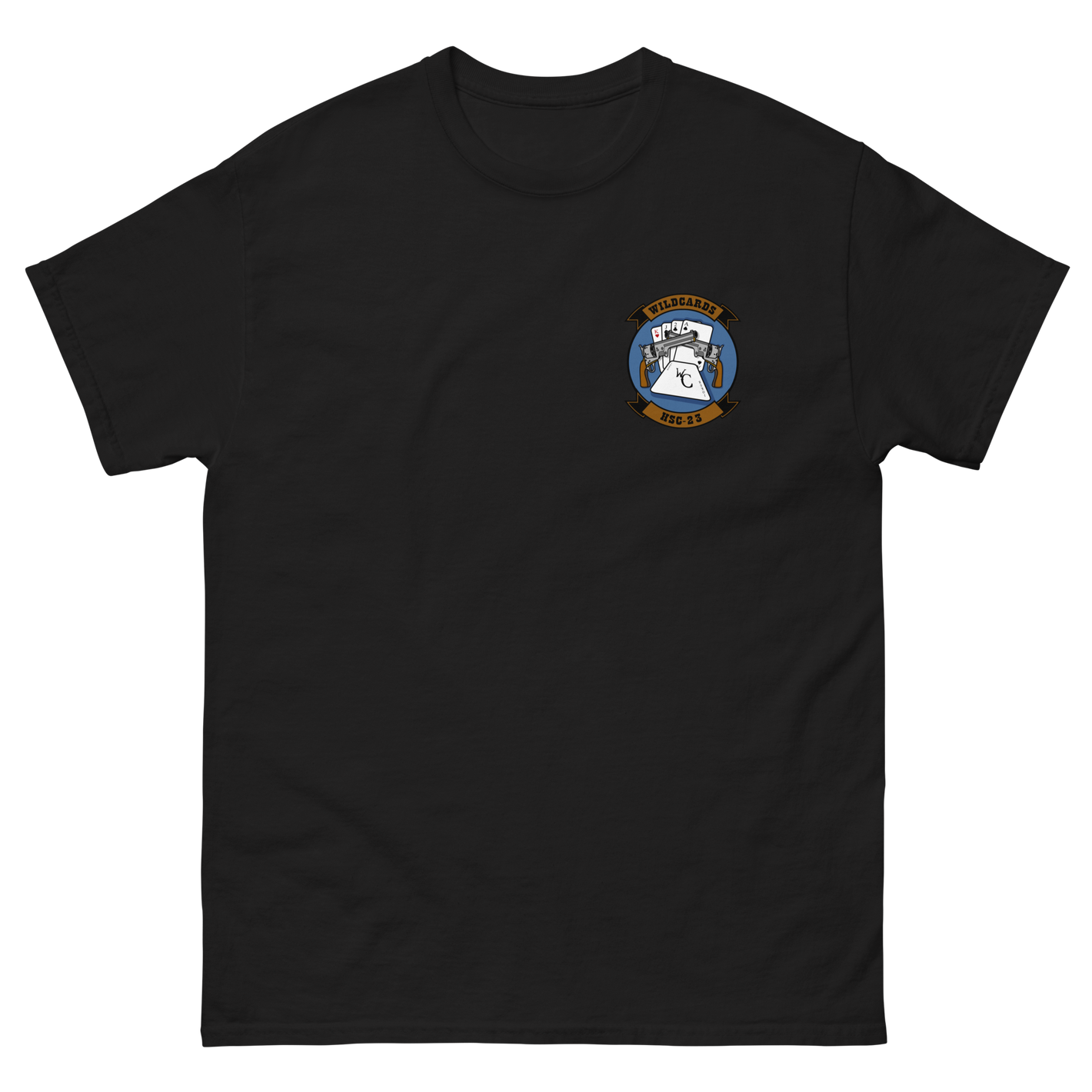 HSC-23 Wildcards Squadron Crest T-Shirt – front view, black