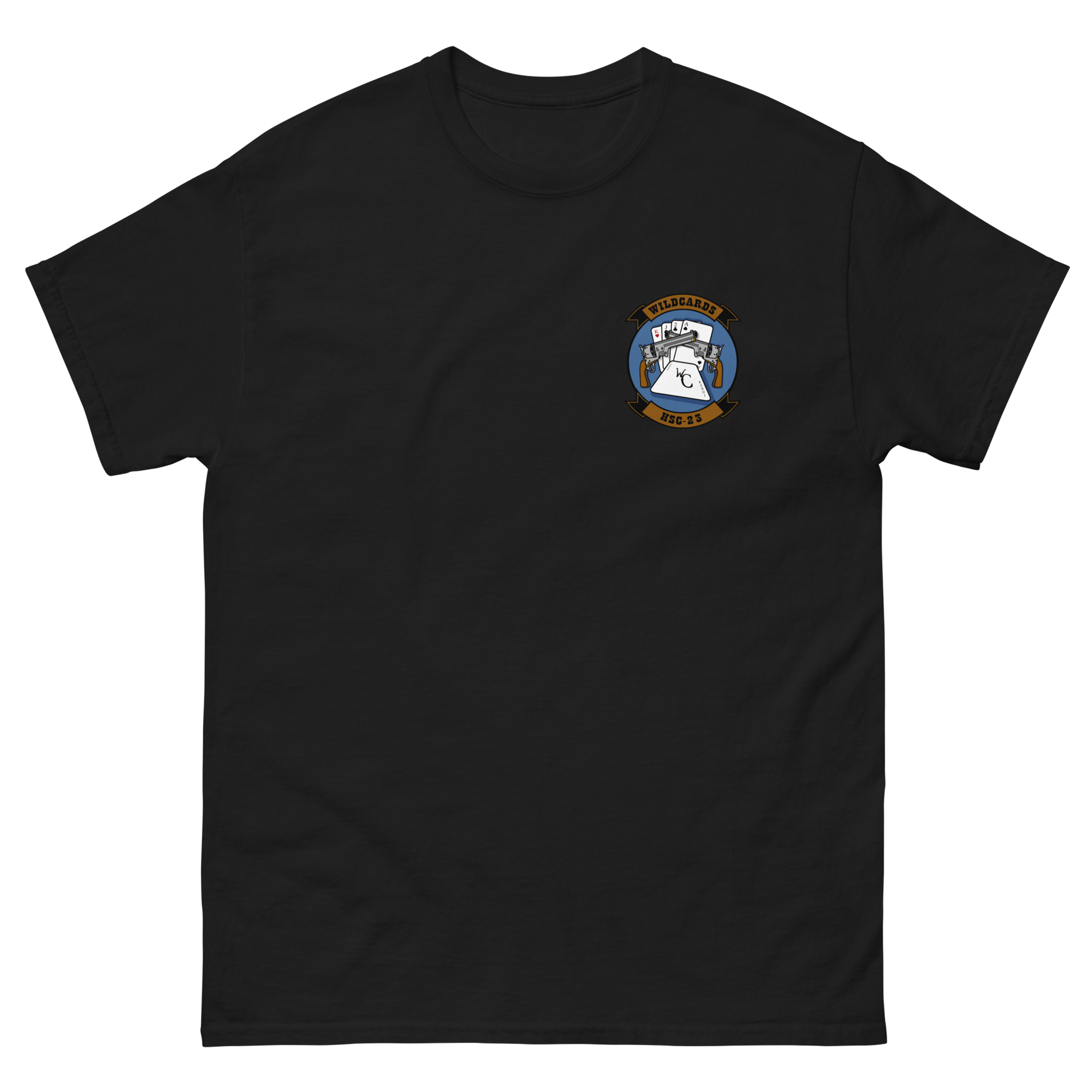 HSC-23 Wildcards Squadron Crest T-Shirt – front view, black