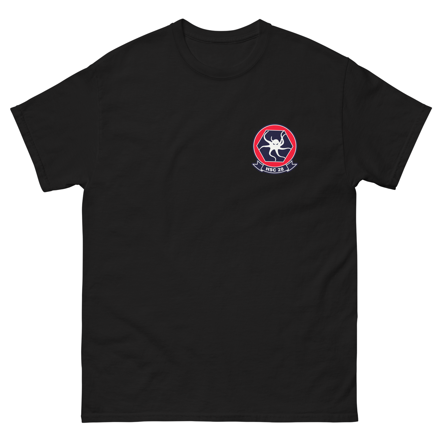HSC-28 Dragon Whales Squadron Crest T-Shirt – front view, black