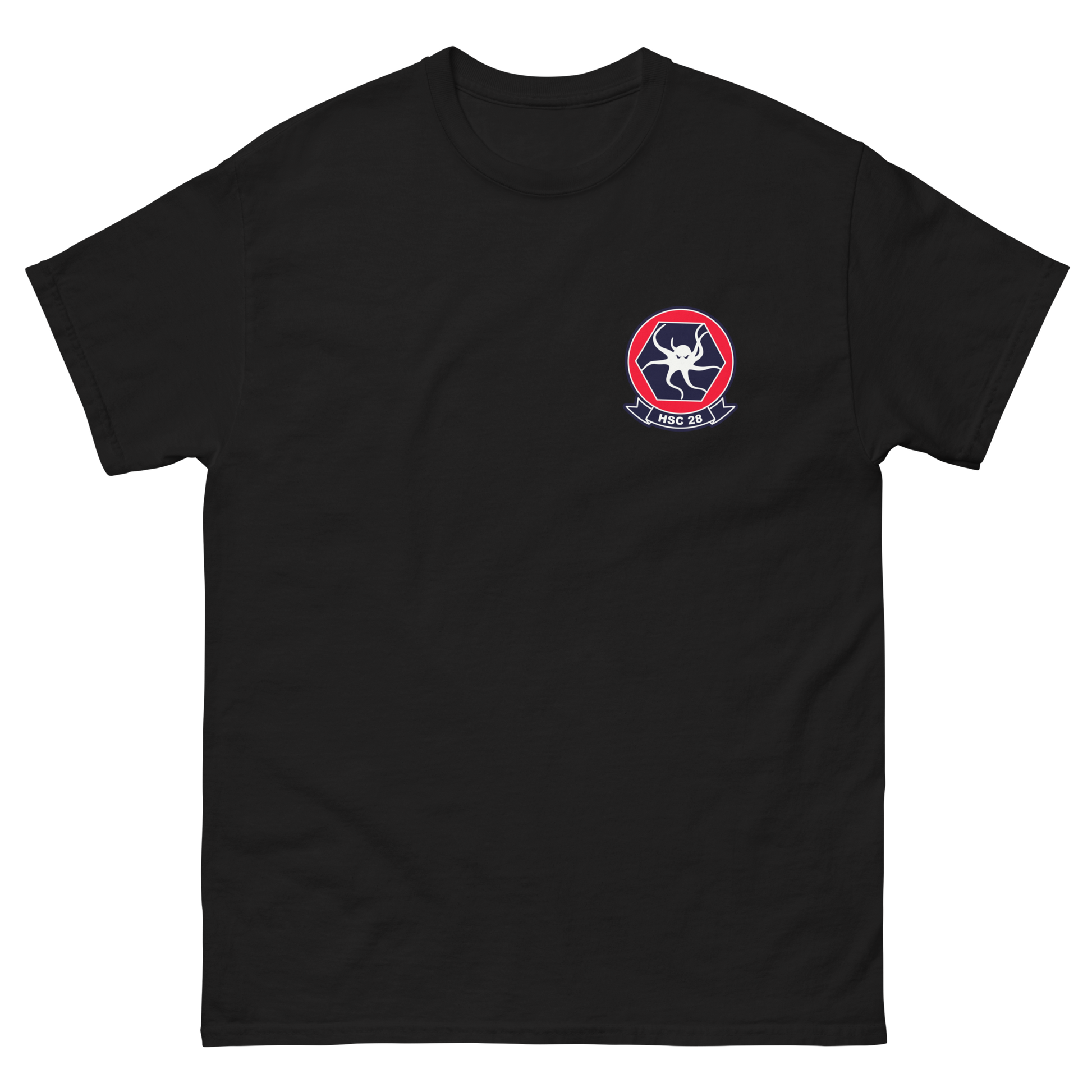 HSC-28 Dragon Whales Squadron Crest T-Shirt – front view, black