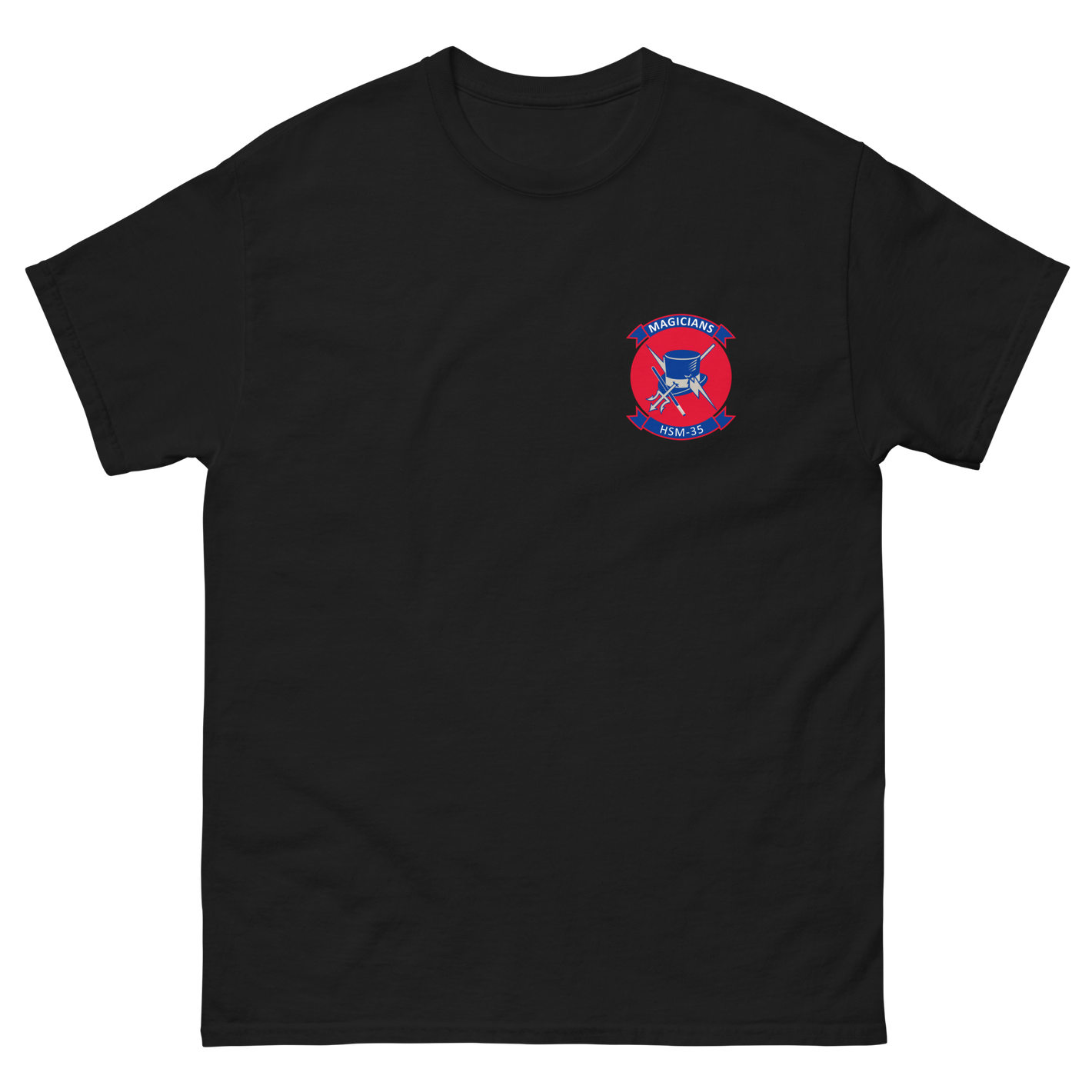 HSM-35 Magicians Squadron Crest T-Shirt – front view, black