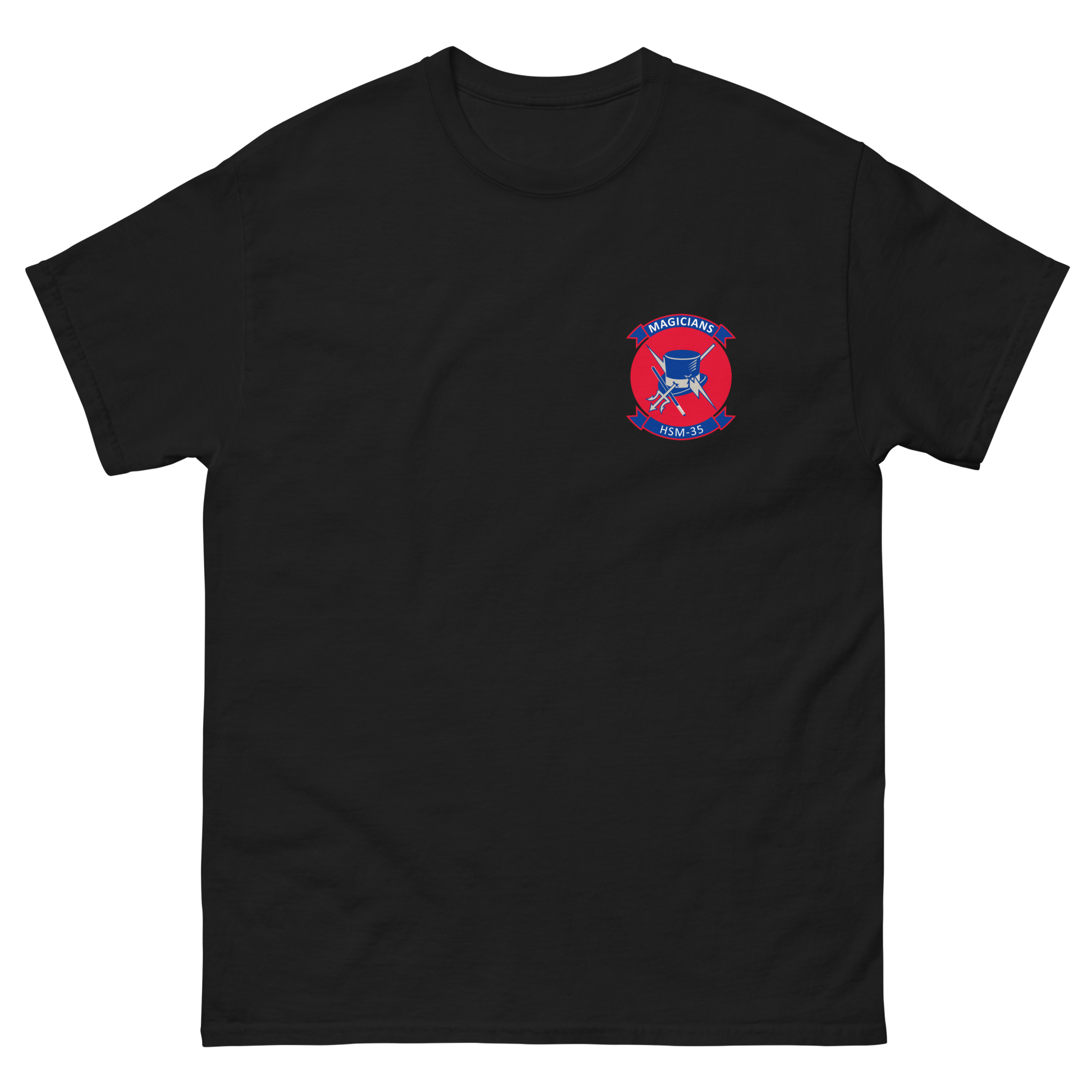 HSM-35 Magicians Squadron Crest T-Shirt – front view, black