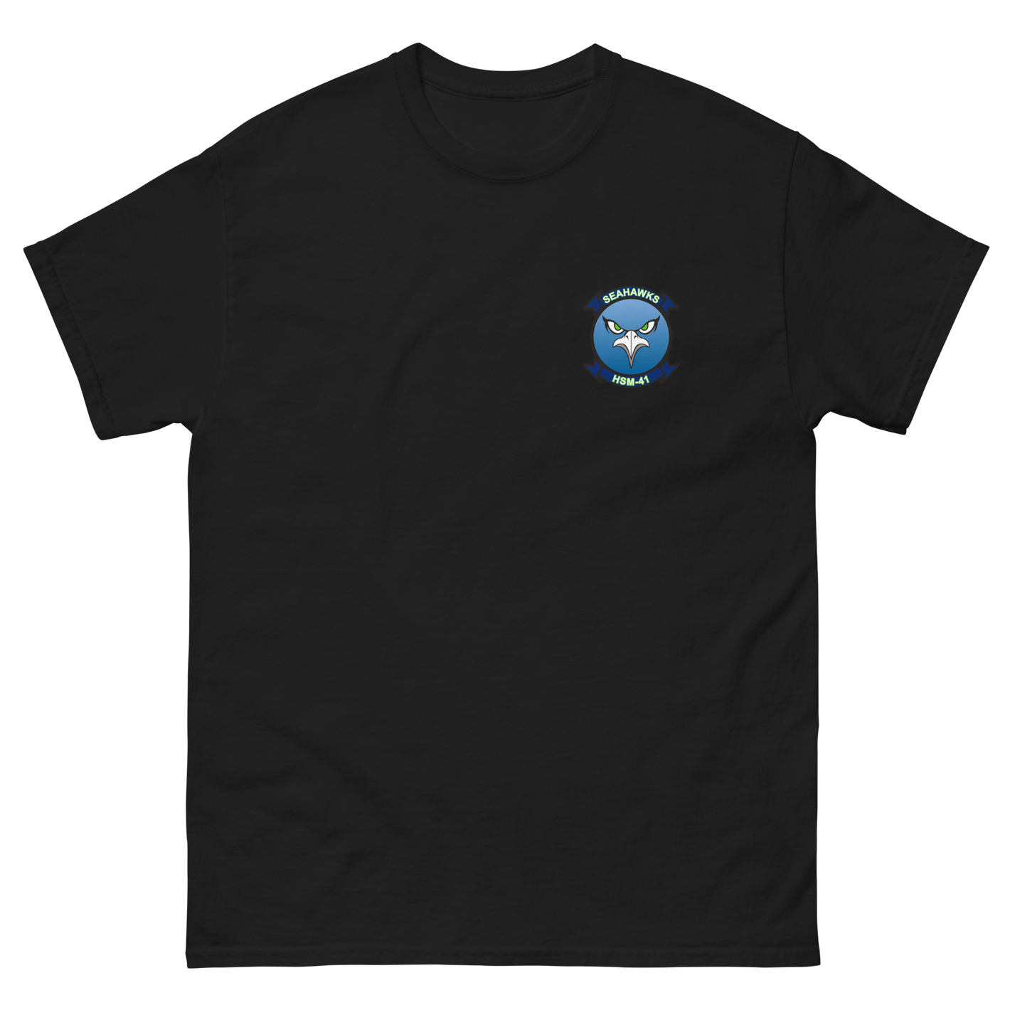 HSM-41 Seahawks Squadron Crest T-Shirt – front view, black
