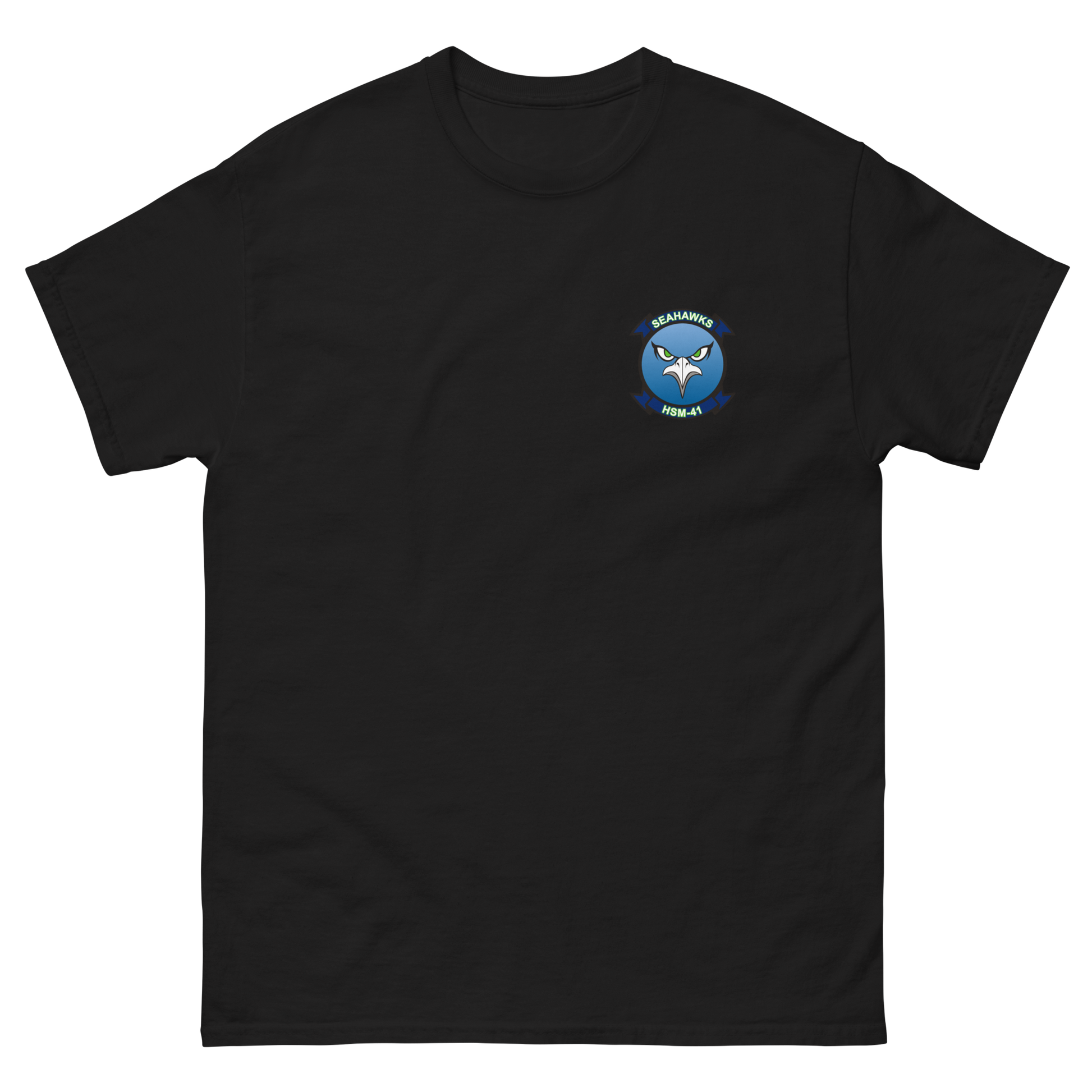 HSM-41 Seahawks Squadron Crest T-Shirt – front view, black