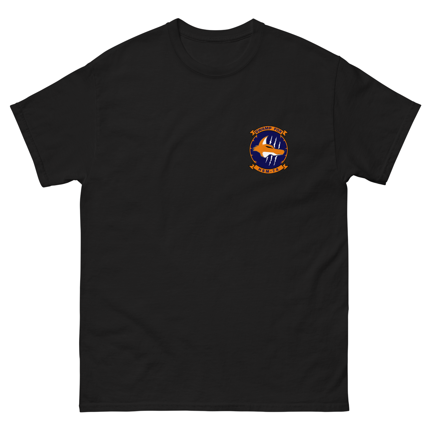 HSM-74 Swamp Foxes Squadron Crest Shirt – front view, black