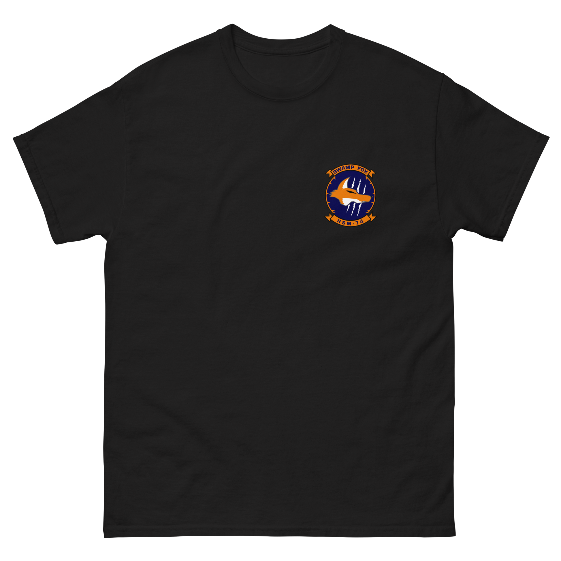 HSM-74 Swamp Foxes Squadron Crest Shirt – front view, black