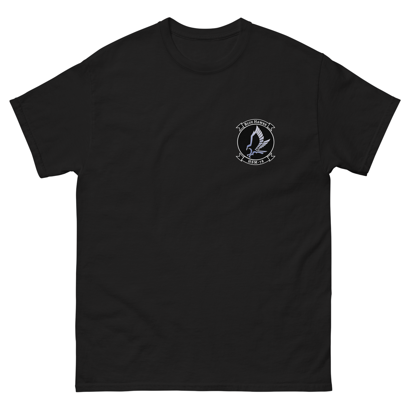 HSM-78 Blue Hawks Squadron Crest T-Shirt – front view, black