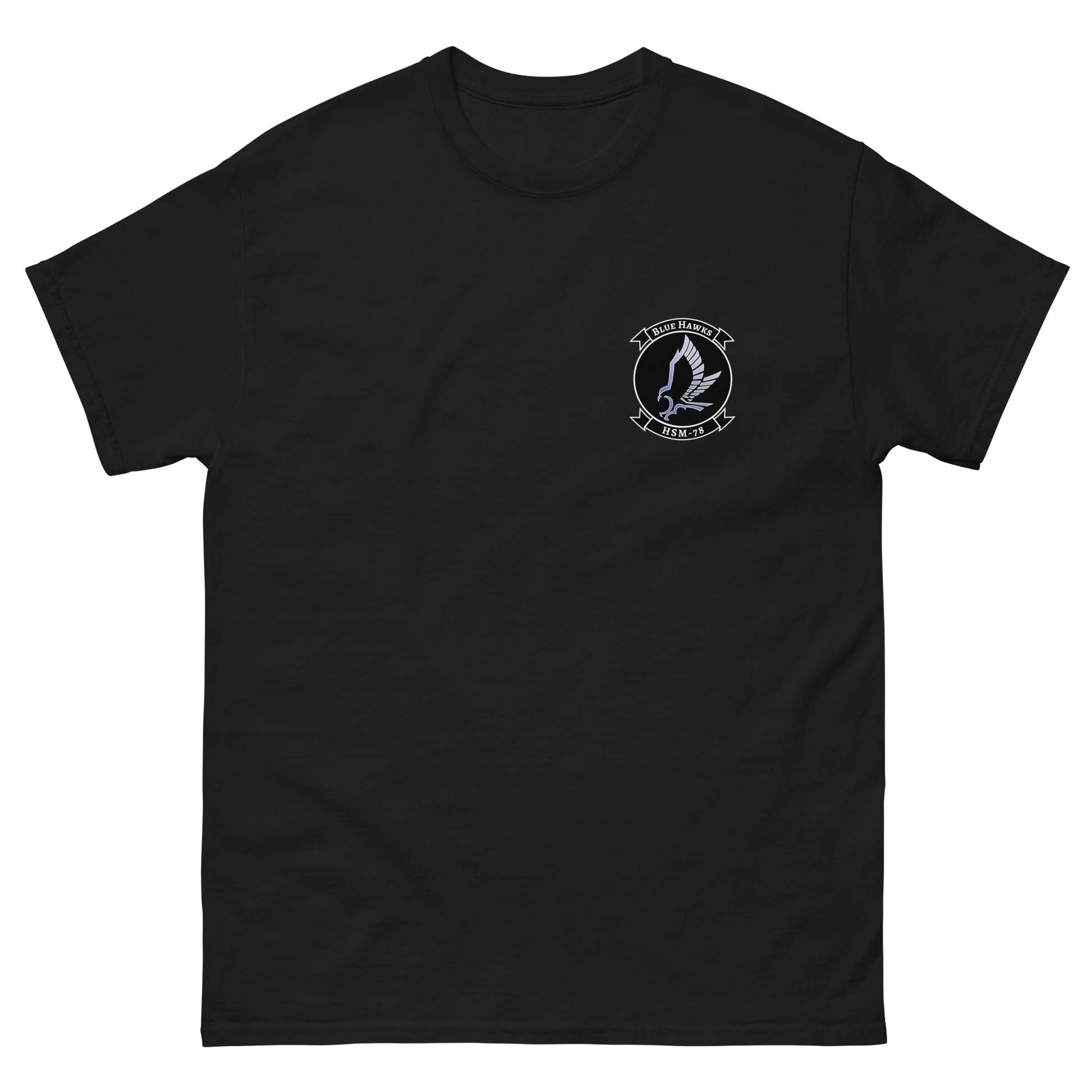 HSM-78 Blue Hawks Squadron Crest T-Shirt – front view, black