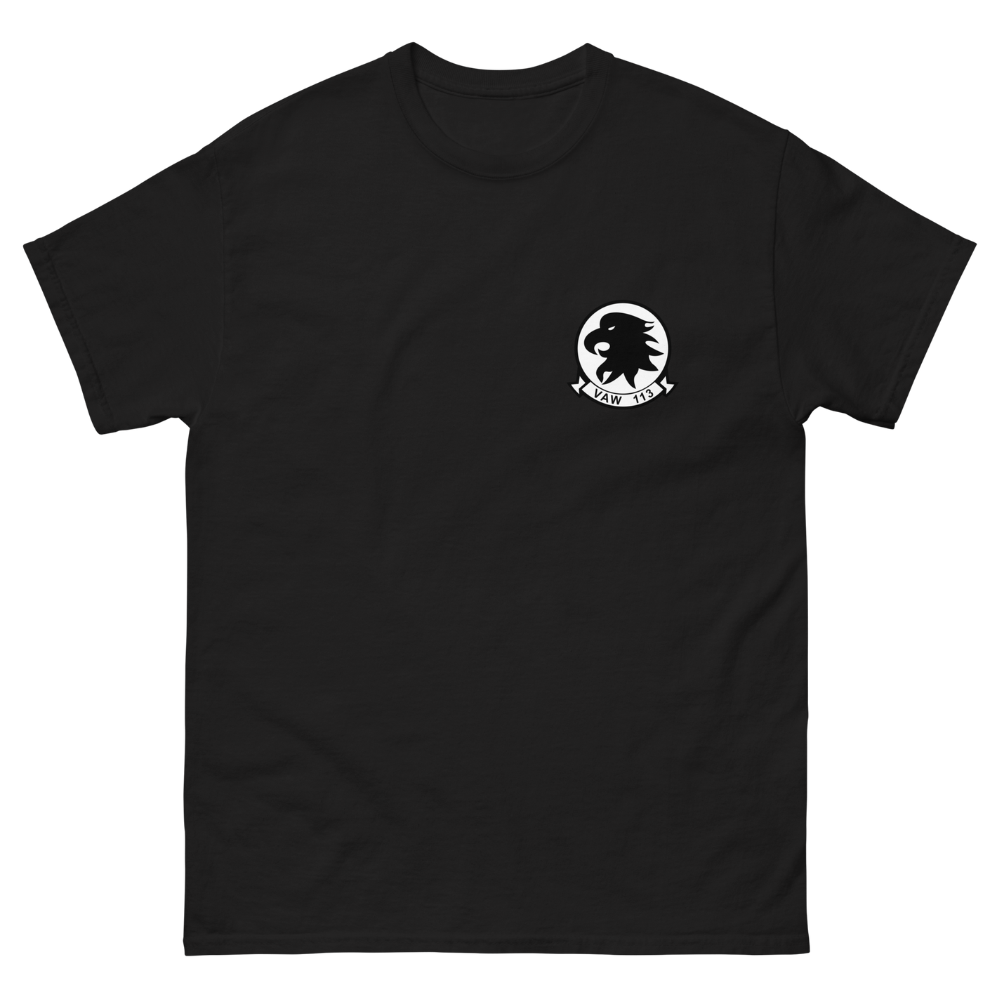 VAW-113 Black Eagles Squadron Crest T-Shirt – front view, black