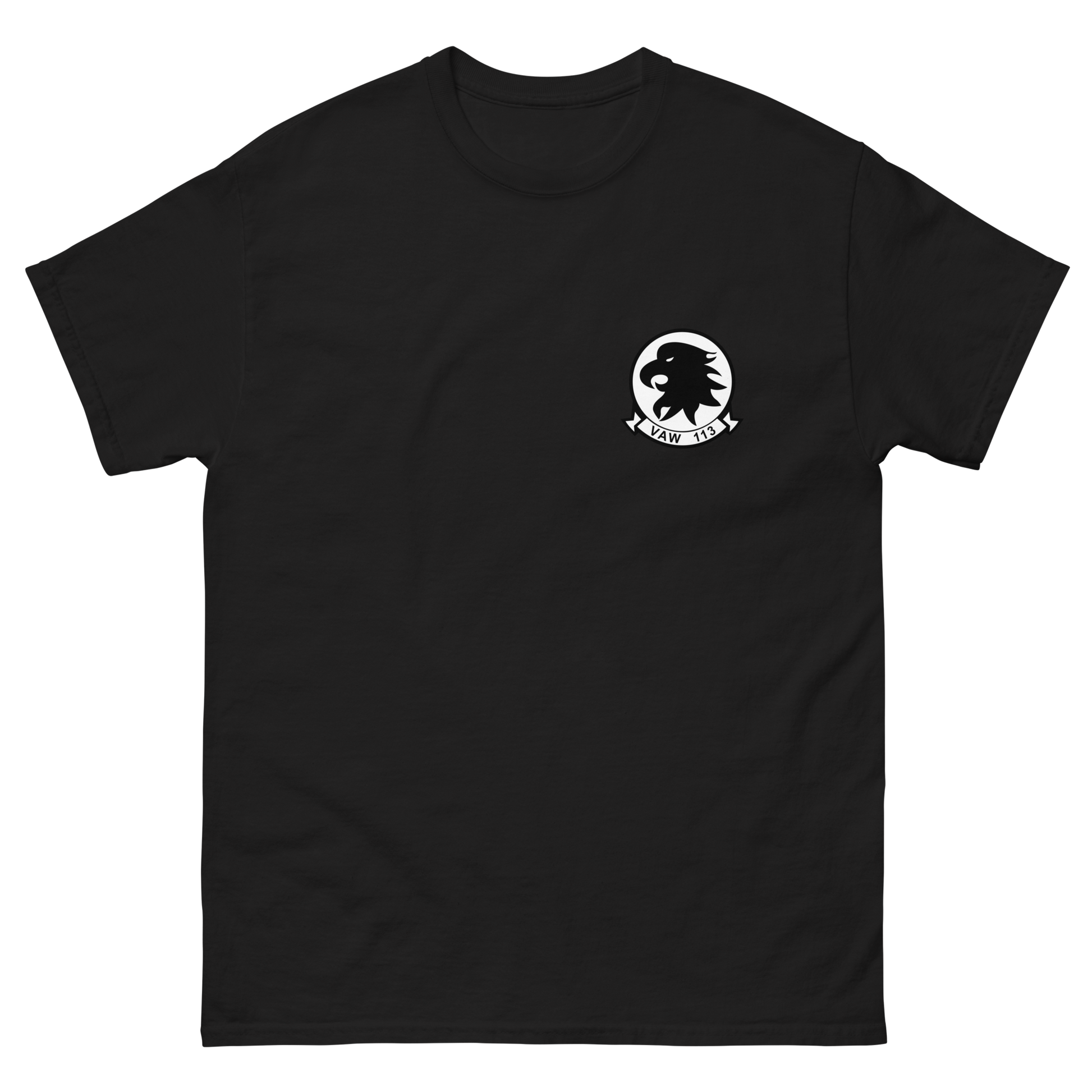 VAW-113 Black Eagles Squadron Crest T-Shirt – front view, black
