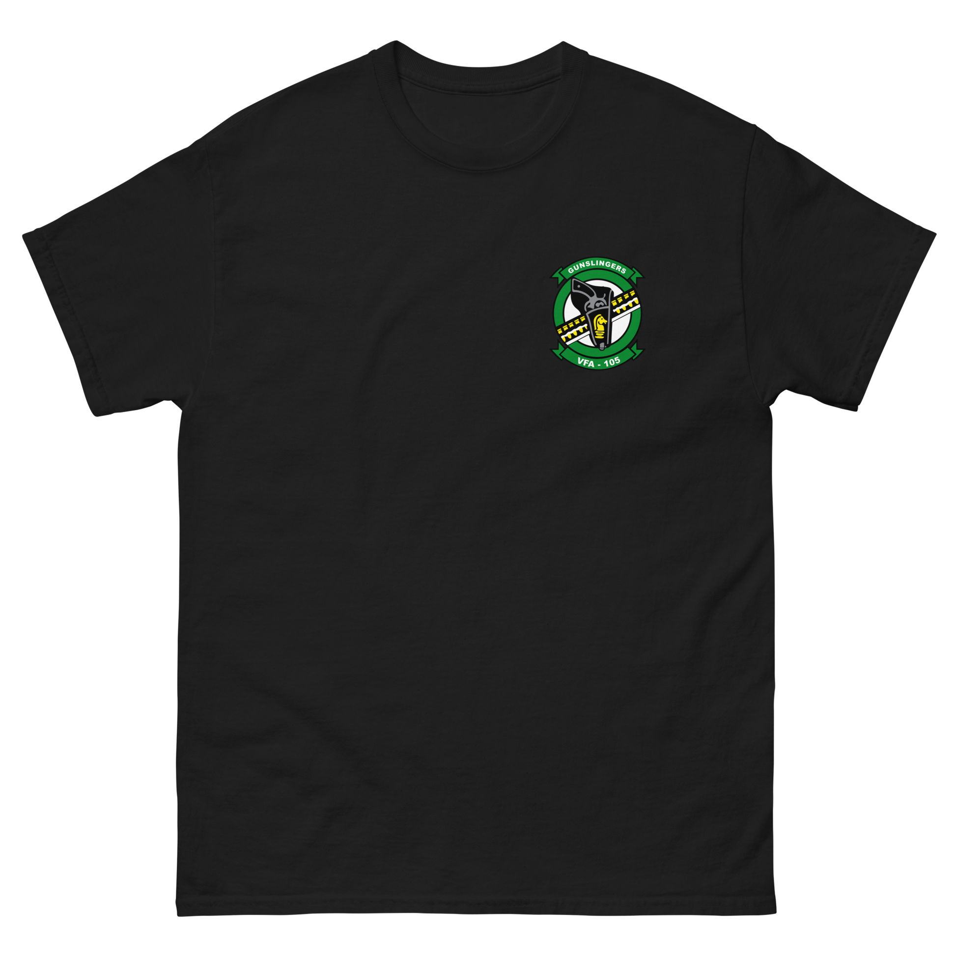 VFA-105 Gunslingers Squadron Crest T-Shirt – front view, black