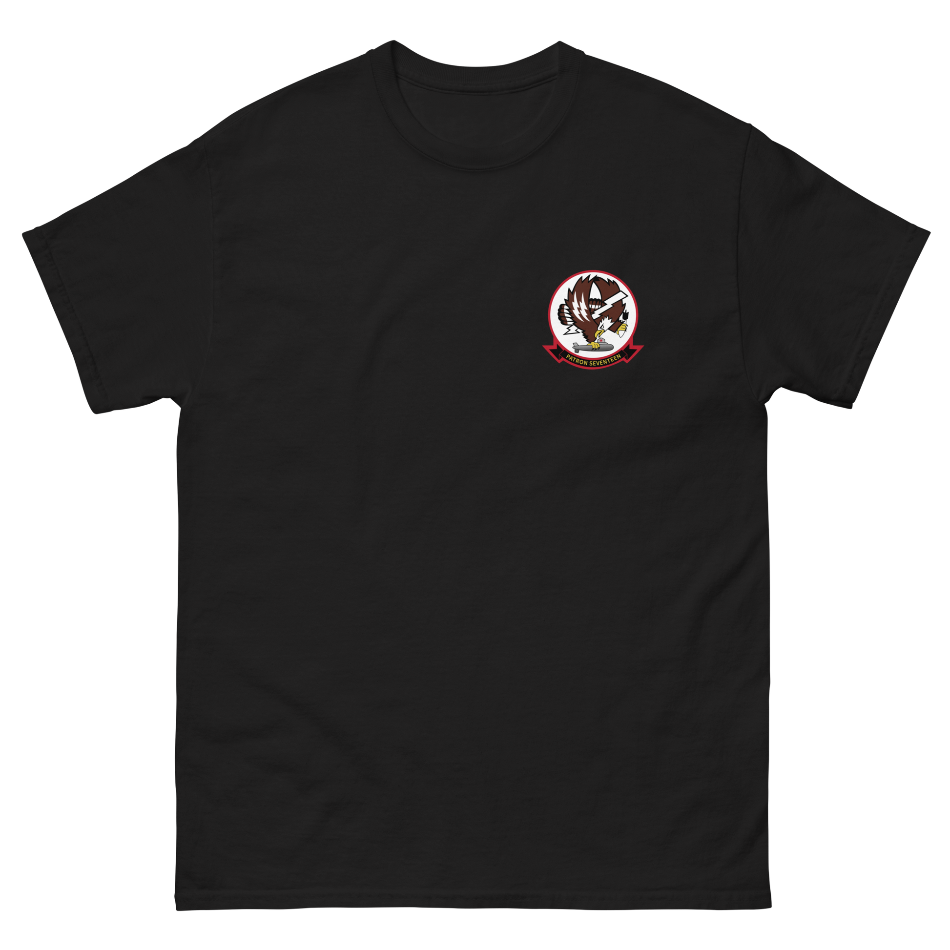 VP-17 White Lightnings Squadron Crest T-Shirt – front view, black