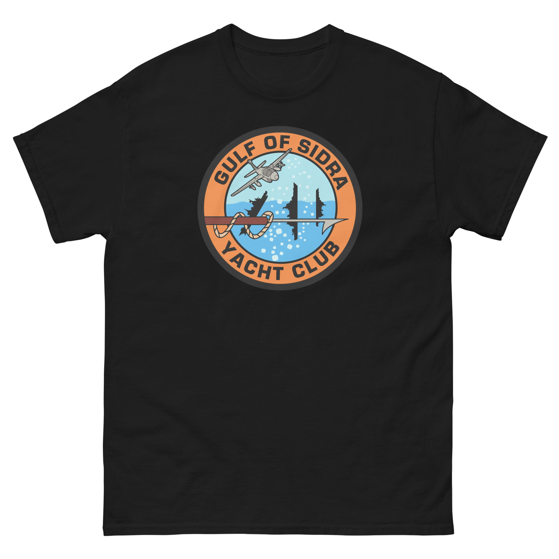 Gulf of Sidra Yacht Club T-Shirt – front view, black