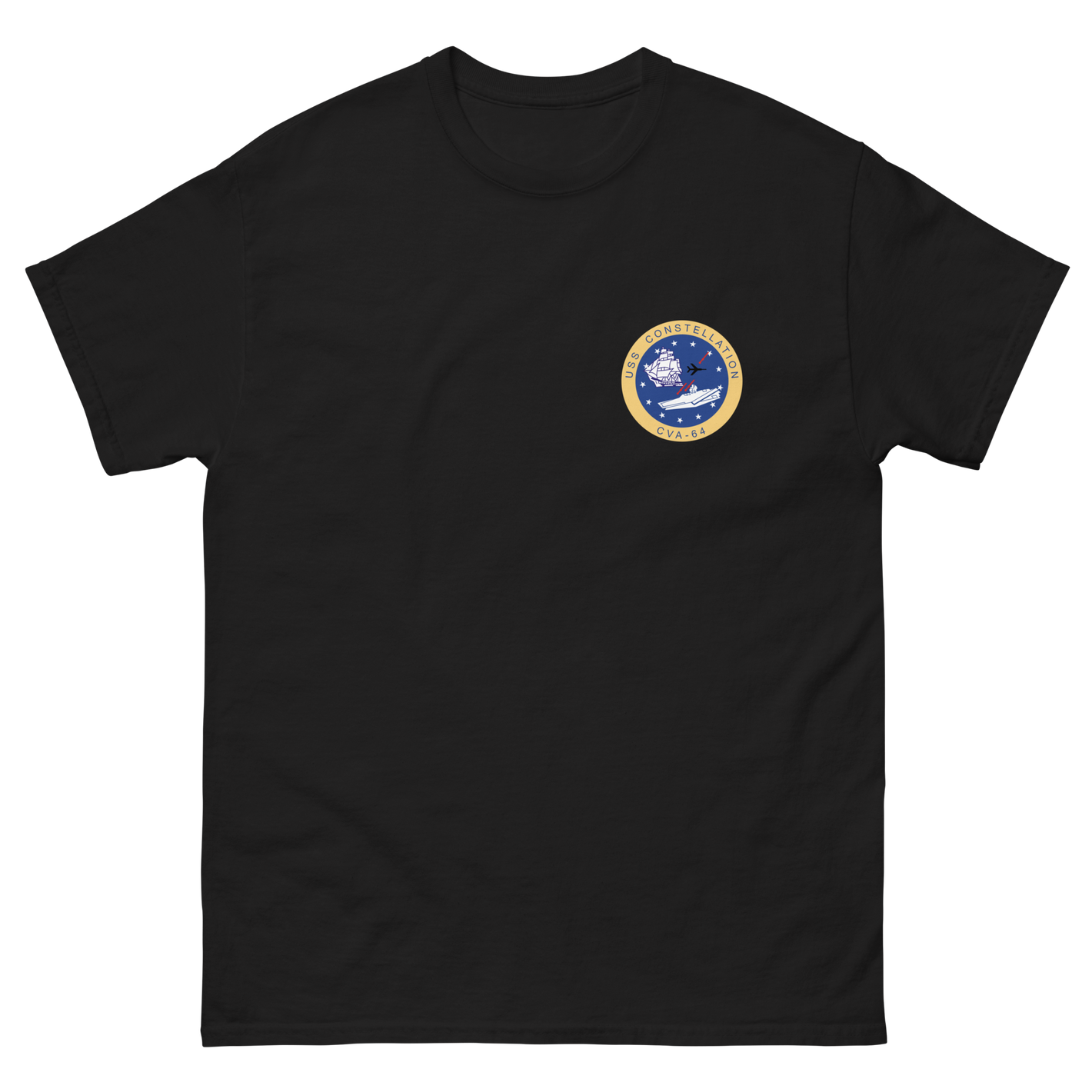 USS Constellation (CVA-64) Ship's Crest Shirt – front view, black