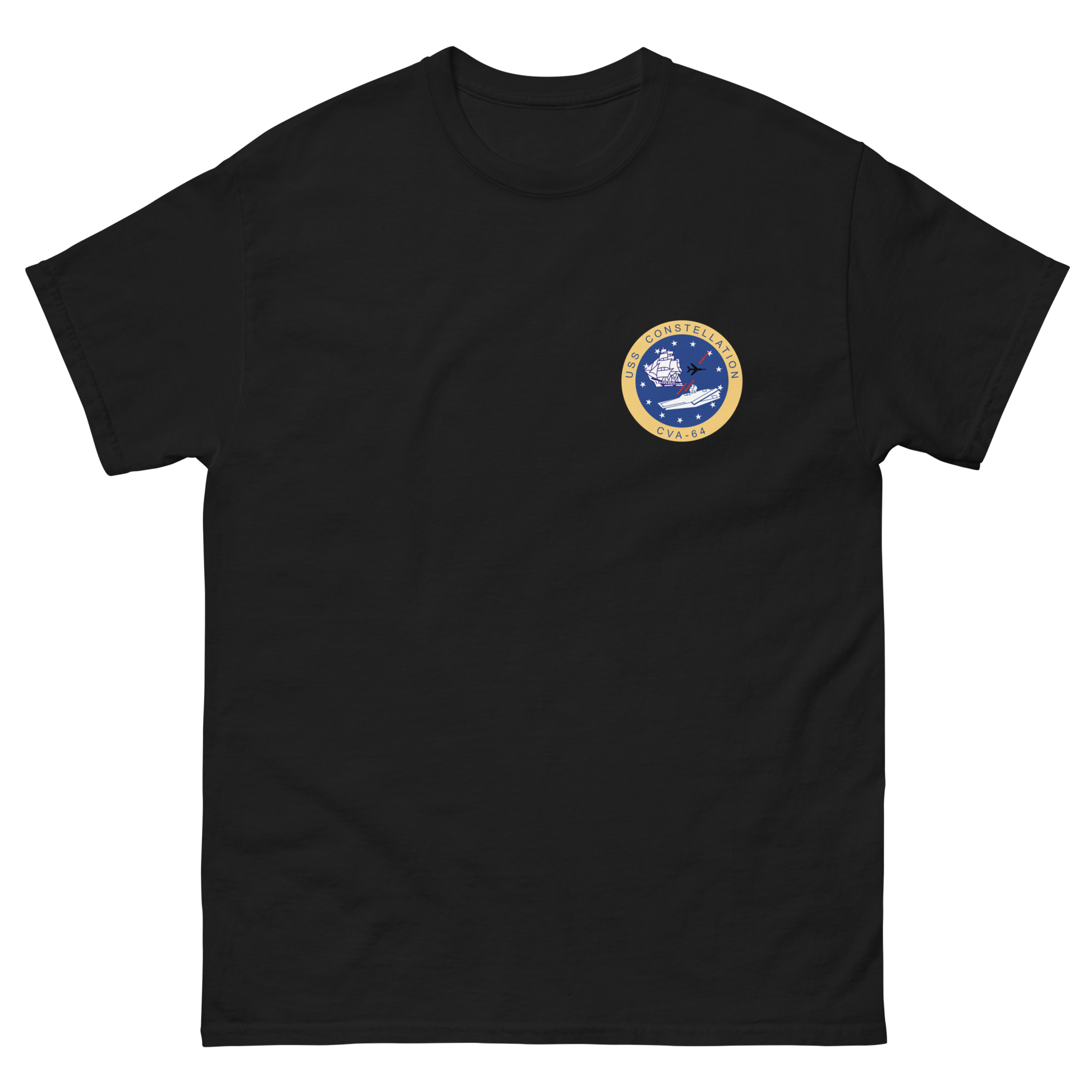 USS Constellation (CVA-64) Ship's Crest Shirt – front view, black
