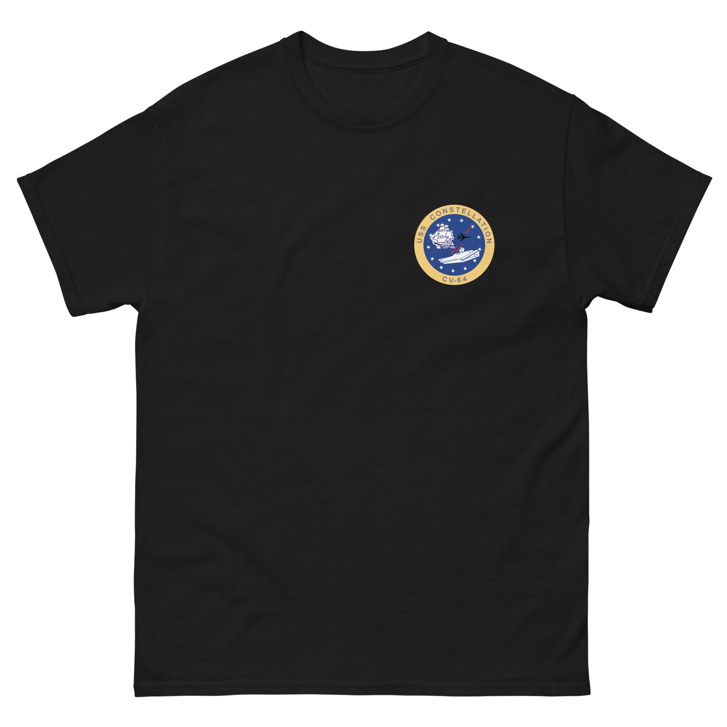 USS Constellation (CV-64) Ship's Crest T-Shirt – front view, black
